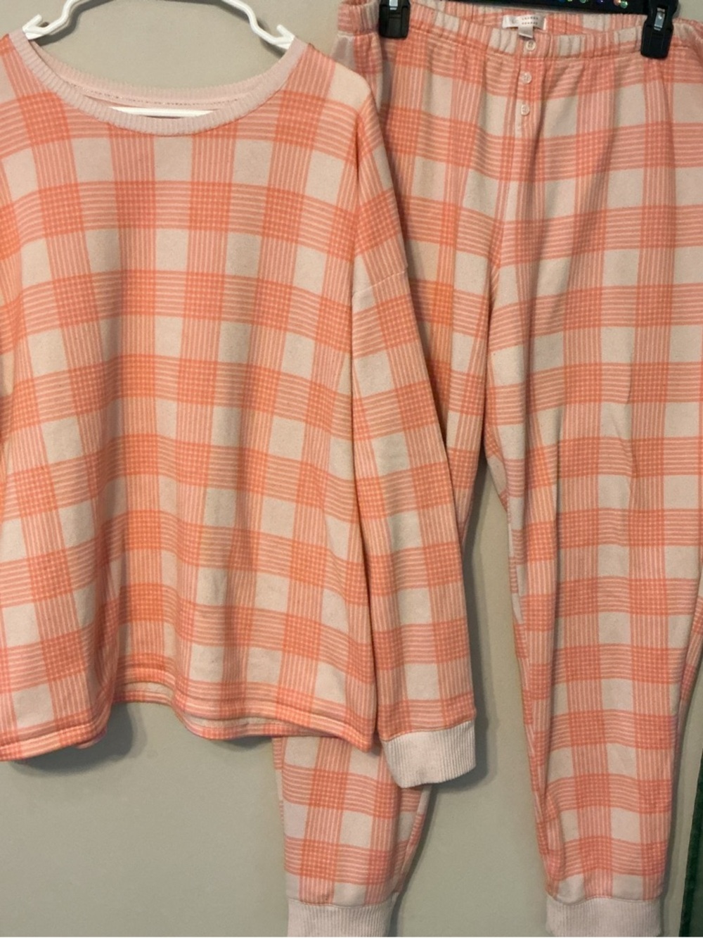 LC Lauren Conrad Coral and Cream Plaid Pajama Set
